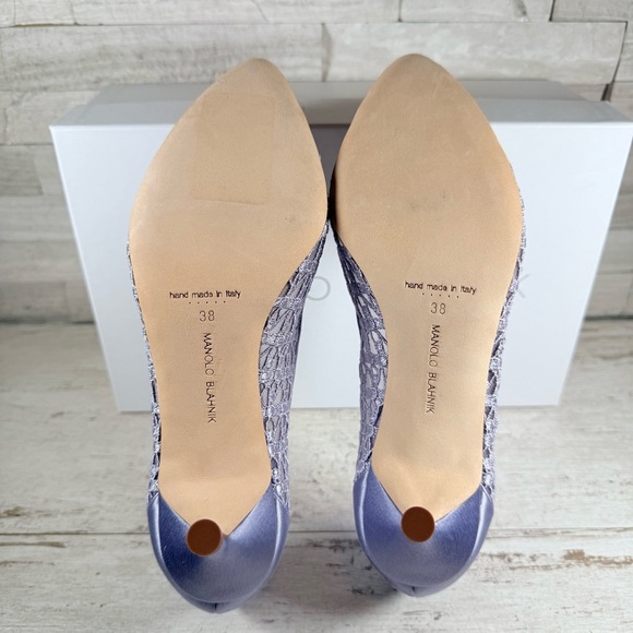 Manolo Blahnik Hangisi Size 38 Lace 70MM Pumps Heels Lilac Periwinkle $1245 New - Picture 12 of 15